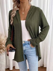 SHEIN LUNE 素色開門襟連帽外套 - 軍綠色 - 查看 3