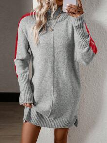 SHEIN LUNE Tương phản Đường may bên Tay Raglan Đầm Áo len - Màu Xám nhạt - Xem 4