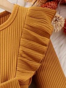 SHEIN 女小童印花荷葉邊繫腰帶洋裝 - 卡其色 - 查看 4