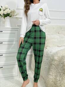 Cartoon Graphic Tee & Plaid Print Pants PJ Set - White - View 3