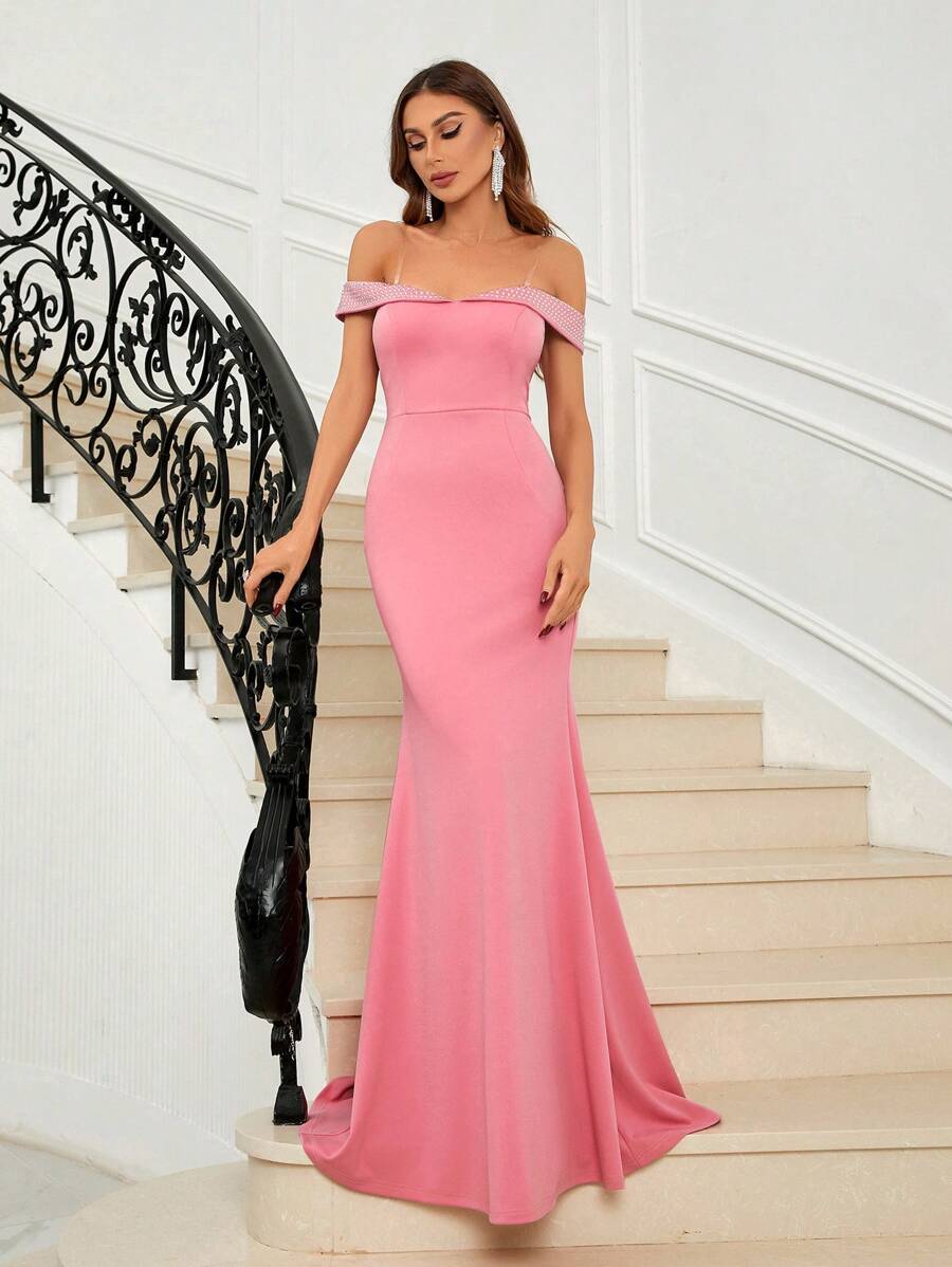 SHEIN Belle Off Shoulder Mermaid Hem Formal Dress - Pink - View 1