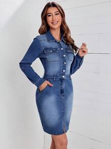 SHEIN LUNE Flap Pocket Button Front Denim Dress - Medium Wash - View 4