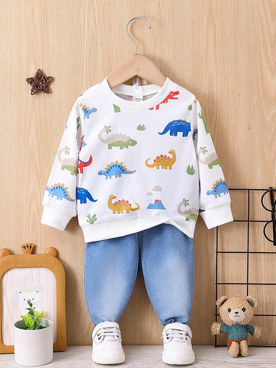 SHEIN 男嬰恐龍印花運動衫&牛仔褲 - 白色 - 查看 1