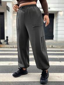Flirla Plus Drawstring Waist Slant Pocket Sweatpants - Dark Grey - View 3