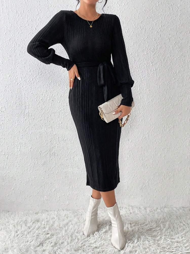 Guipure Lace Insert Lantern Sleeve Belted Bodycon Dress