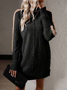 SHEIN LUNE Vestido de punto con costura lateral en contraste de manga raglán - Negro - Ver 5