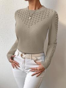 SHEIN Frenchy Chất rắn Dệt kim chấm bi Áo len - Xám - Xem 6