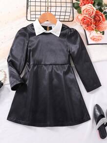 SHEIN Cô Gái Trẻ Cổ áo tương phản Ống tay áo Đầm - màu đen - Xem 3