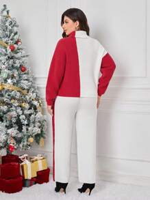 SHEIN Essnce Plus Two Tone Turtleneck Drop Shoulder Sweater & Knit Pants - Red - View 2