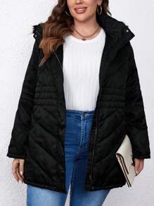 SHEIN LUNE Plus Zip Up Fuzzy Trim Hooded Padded Padded Coat Clothes Winter - Black - View 1