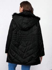 SHEIN LUNE Plus Zip Up Fuzzy Trim Hooded Padded Padded Coat Clothes Winter - Black - View 2