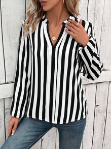 SHEIN LUNE Striped Print Notched Neckline Lantern Sleeve Blouse - Black and White - View 5
