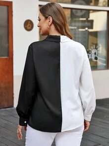 SHEIN LUNE Camisa De Bloques De Color Con Estampado De Mariposas De Talla Grande Para Mujer - Blanco y Negro - Ver 3