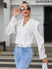 SHEIN Privé Blusa con encaje en contraste ribete con fruncido - Blanco - Ver 4