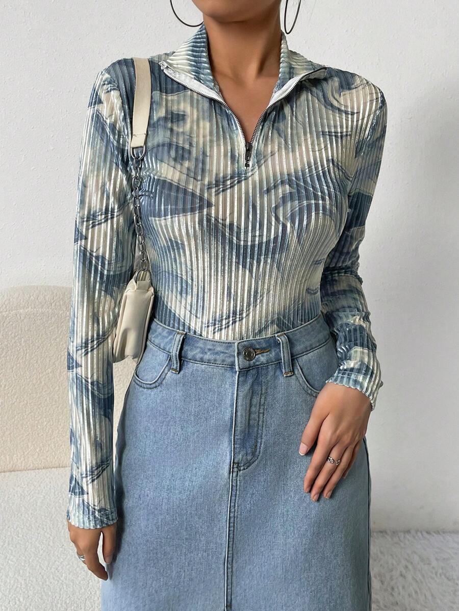 SHEIN Essnce Tie Dye Half Zip Tee - Multicolor - View 1