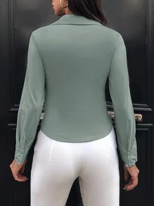 EURMUSE Women's Casual Solid Color Ruched Slim Fit Blouse - Green - View 2