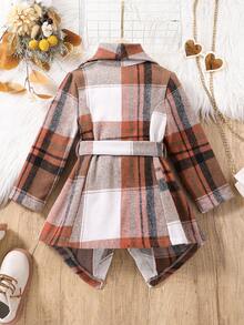 SHEIN 女小童格紋印花大翻領不對稱下擺腰帶外套無毛衣 - 粉色 - 查看 2