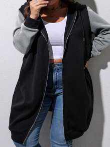 SHEIN CURVE+ Áo nỉ có khóa kéo và dây rút, phối màu, cỡ lớn. - màu đen - Xem 3