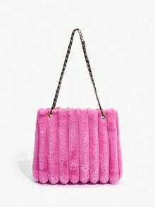 SHEIN ICON 1入組大容量毛絨肩背包,鏈帶肩帶,玫瑰紅色,適用於女性秋冬日常使用 - 玫紅色 - 查看 2