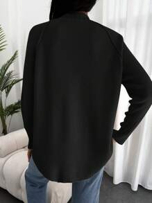 EURMUSE Solid Color Stand Collar Raglan Sleeve Women'S Sweater - Black - View 2
