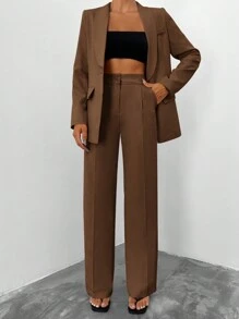 EURMUSE 2 Pieces Solid Color Shawl Collar Women's Suit Suit - Brown - View 1