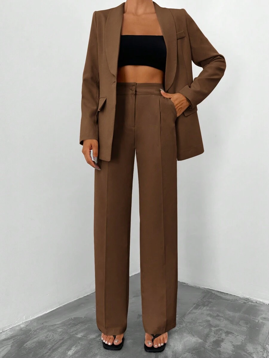 EURMUSE 2 Pieces Solid Color Shawl Collar Women's Suit Suit - Brown - View 1