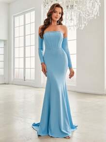 SHEIN Belle 天鹅绒露肩美人鱼伴娘礼服，带水钻链装饰，心形领口和鱼骨式紧身胸衣优雅长袖正式晚会舞会婚礼宾客礼服，适合毕业典礼、晚宴 - 藍色 - 查看 4