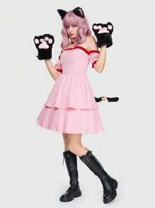 ROMWE Kawaii Off Shoulder Ruffle Hem Costume Dress - Pink - View 1