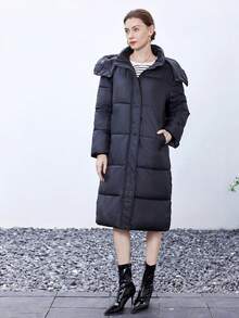 SHEIN BIZwear 休闲纯色连帽加厚棉服外套，百搭冬装 - 黑色 - 查看 5