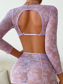 SHEIN 花卉蕾絲鋼圈吊帶襪內衣套裝 - 紫色 - 查看 2