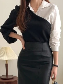 DAZY Blusa de manga abullonada de dos tonos 2 en 1 Blusas de manga larga para mujer - Blanco y Negro - Ver 4