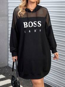 Calvaya Plus Letter Graphic Contrast Fishnet Drop Shoulder Drawstring Hoodie Dress Graduation,Back To School Outfits,Graduation,Teacher Outfits For Women,Back To School Pullover Fall Outfit Winter Autumn - Black - View 4