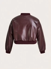 SHEIN EZwear 大碼拉鏈開襟PU皮革飛行員夾克 - 棕色 - 查看 2