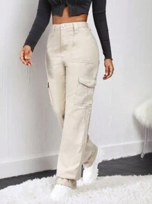 SHEIN SXY Quần jean Nút màu trơn - Màu be - Xem 4