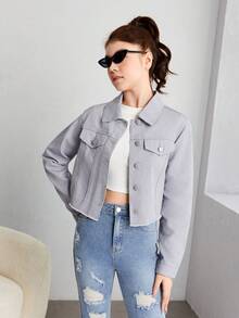 SHEIN 青少年女孩字母和車圖案牛仔夾克 - 灰色 - 查看 6