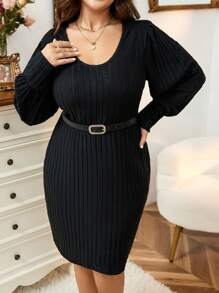 Calvaya Plus Lantern Sleeve Lace Insert Ribbed Knit Dress Without Belt - Black - View 7