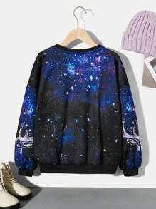SHEIN Tween Girl Deer Print Drop Shoulder Sweatshirt - Black - View 2