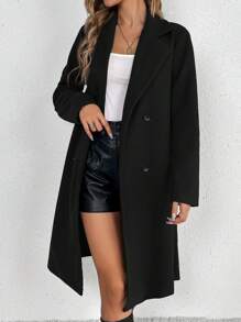 SHEIN Tall Abrigo cruzado con cinturón y cuello de solapa para otoño/invierno - Negro - Ver 4