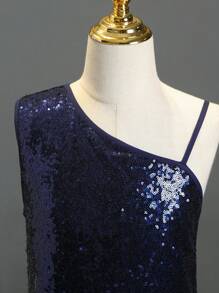 SHEIN 女大童不對稱領高衩亮片魚尾裙下擺洋裝 - 銀色 - 查看 4