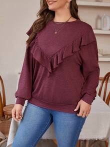 SHEIN LUNE Sudadera Con Cuello Redondo Y Dobladillo Con Volantes Para Mujeres De Talla Grande - Rojo violeta - Ver 3