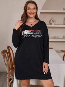 SHEIN LUNE Kích thước lớn Hoa & In thư Thả vai Đầm - màu đen - Xem 6
