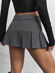 SHEIN ICON 女款高腰腰帶百褶裙 - 深灰色 - 查看 5