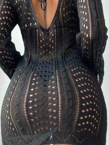 SHEIN Swim 鏤空罩衫洋裝不附帶比基尼套裝 - 黑色 - 查看 3