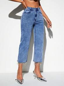 SHEIN BAE Pha lê Hem Chân bùng Mùa vụ Quần jean - Màu xanh lam - Xem 5