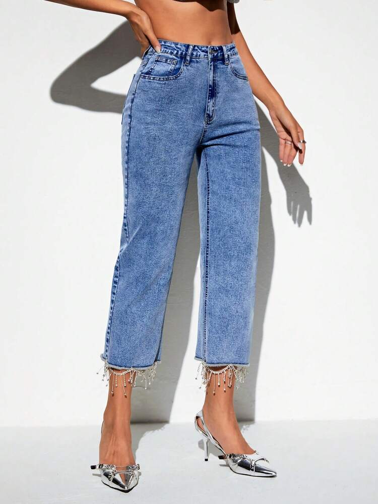 Rhinestone Hem Flare Leg Crop Jeans