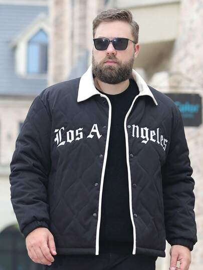 Manfinity Homme 男士寬鬆加大號拼接字母圖形棉袄，對比色領子