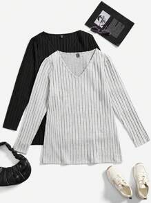 SHEIN Essnce 大碼2入組條紋針織下擺開叉T恤 - 彩色 - 查看 1