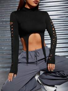 SHEIN PETITE Ladies' Hollow Out Garter Design T-shirt - Black - View 1