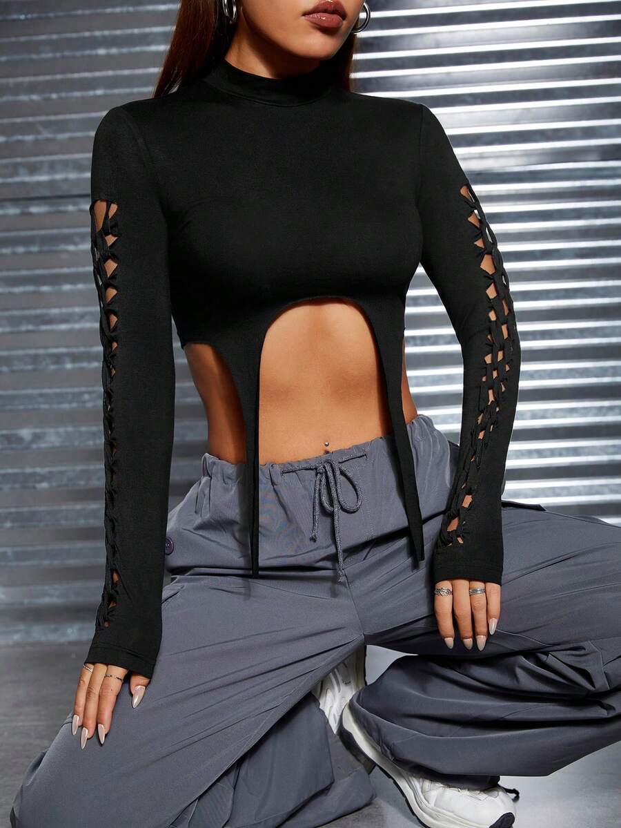 SHEIN PETITE Ladies' Hollow Out Garter Design T-shirt - Black - View 1