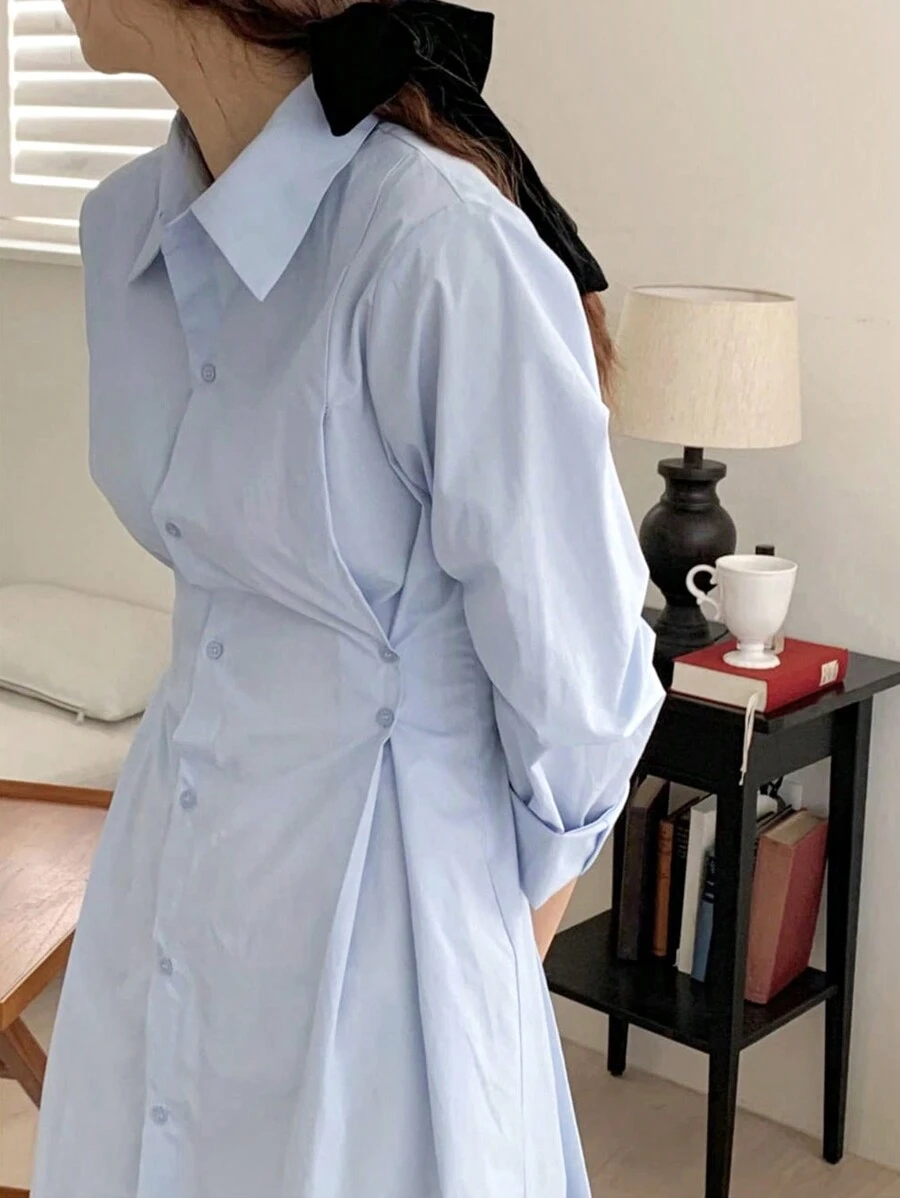 DAZY Women's Solid Color Button Detail Shirt Dress - Baby Blue - View 1